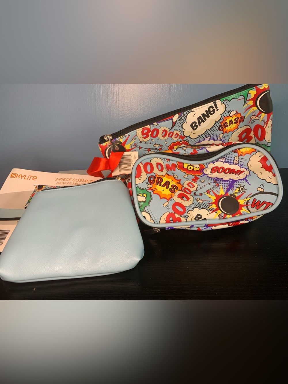3-Piece Comic Pop Cosmetic Bag Set - Light Blue Multi